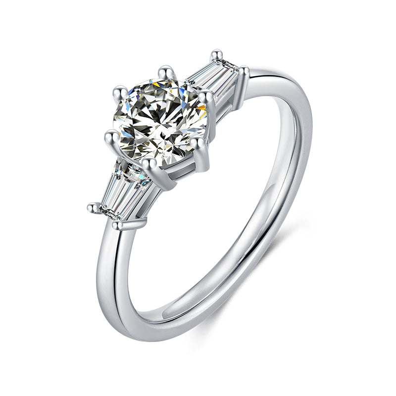 6.5mm 1ct Round Brilliant Trilogy Moissanite Ring in 18K White Gold or Sterling Silver