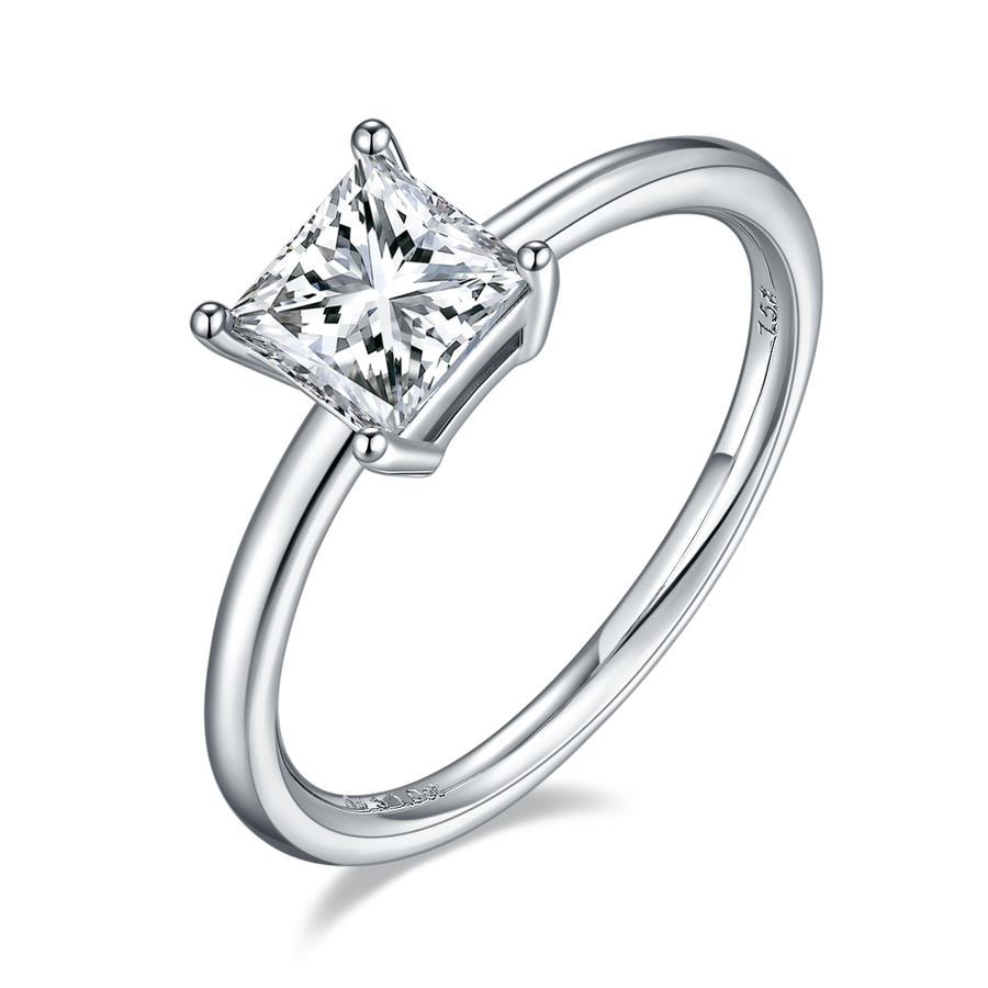 1ct Princess Cut Moissanite Ring in 18K White Gold or Sterling Silver