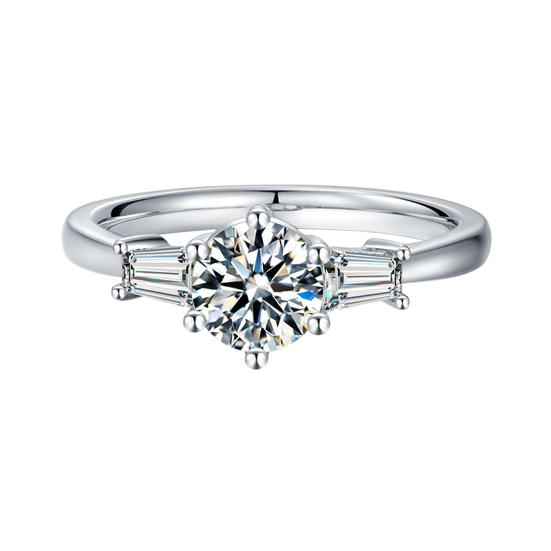 6.5mm 1ct Round Brilliant Trilogy Moissanite Ring in 18K White Gold or Sterling Silver