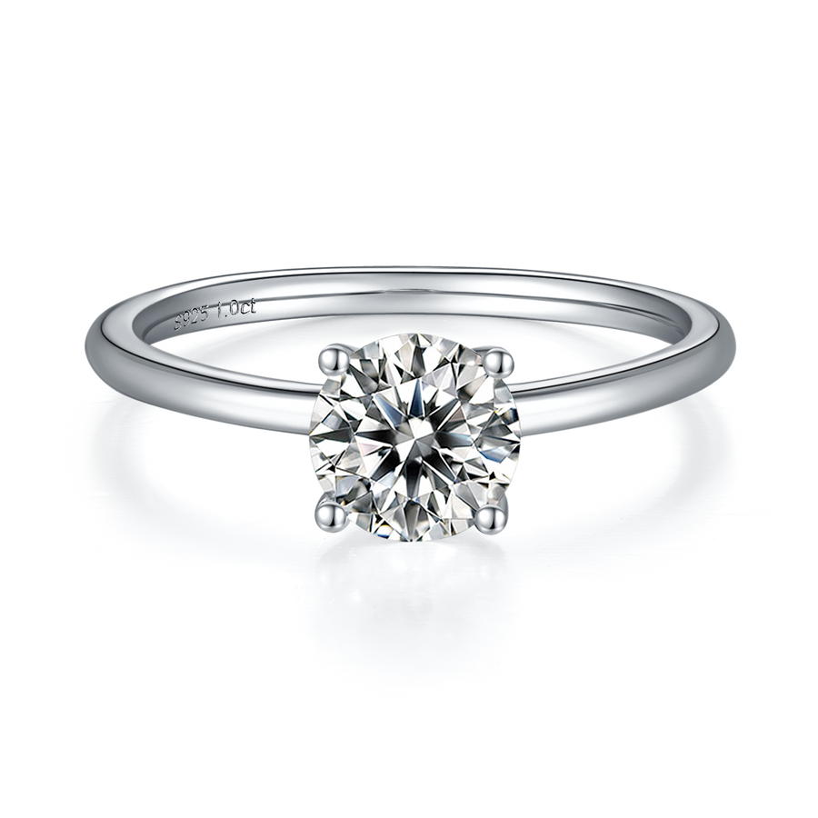 Classical 1ct Round Brilliant Cut Moissanite Ring in 18K White Gold or Sterling Silver