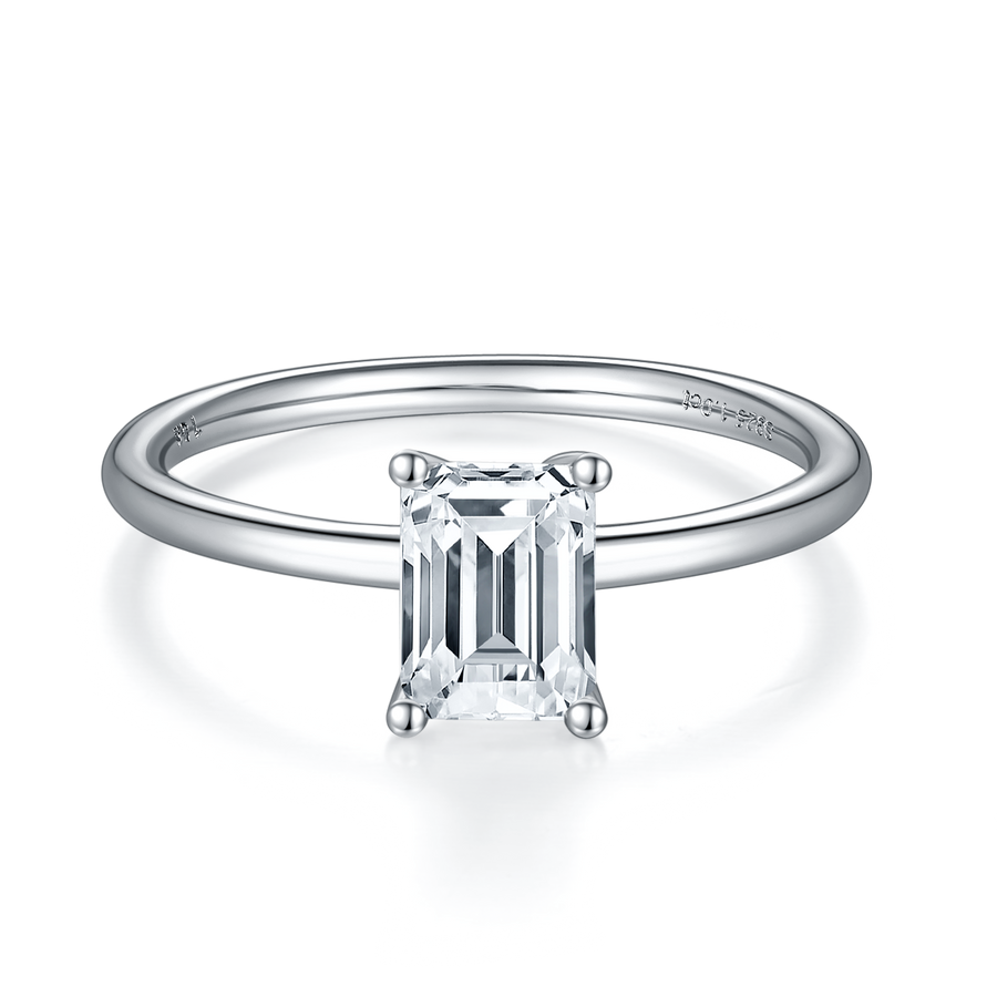 1ct Emerald-cut Moissanite Ring in 18K White Gold or Sterling Silver