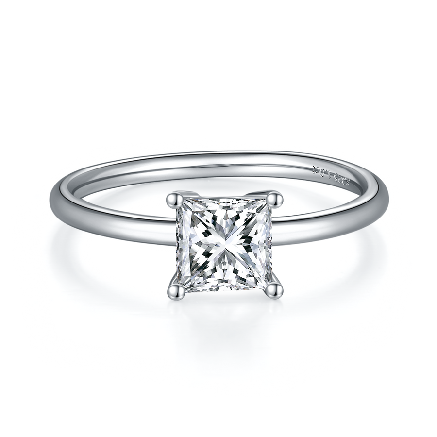 1ct Princess Cut Moissanite Ring in 18K White Gold or Sterling Silver