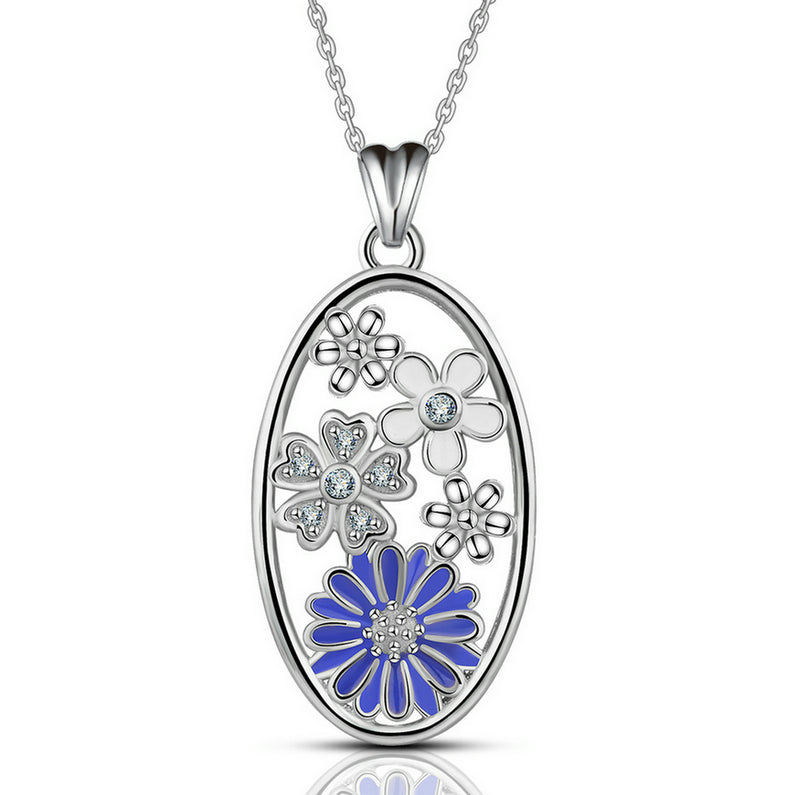 Sterling Silver Flower Necklace with Cubic Zirconia, Rhodium Plated