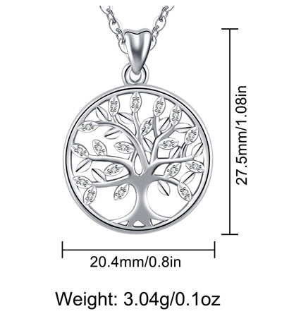 Sterling Silver Tree of Life Necklace with Cubic Zirconia, Rhodium Plated