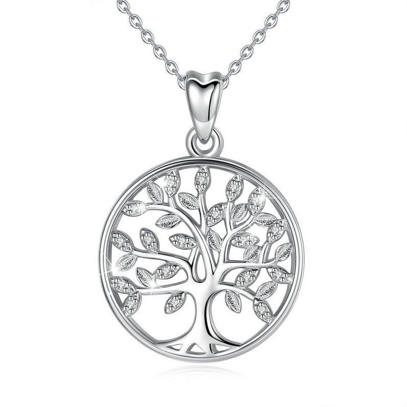 Sterling Silver Tree of Life Necklace with Cubic Zirconia, Rhodium Plated