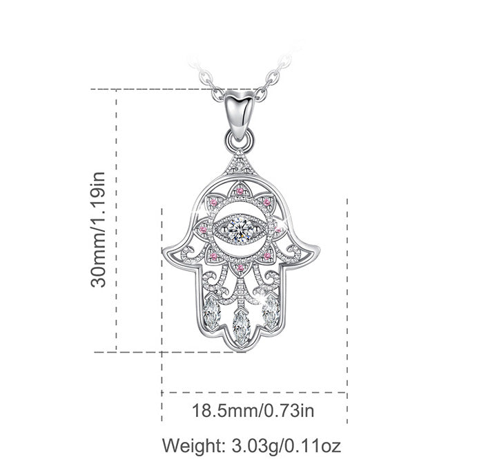 Sterling Silver Hamsa and Evil Eye Necklace with Red Cubic Zirconia, Rose Gold Plated