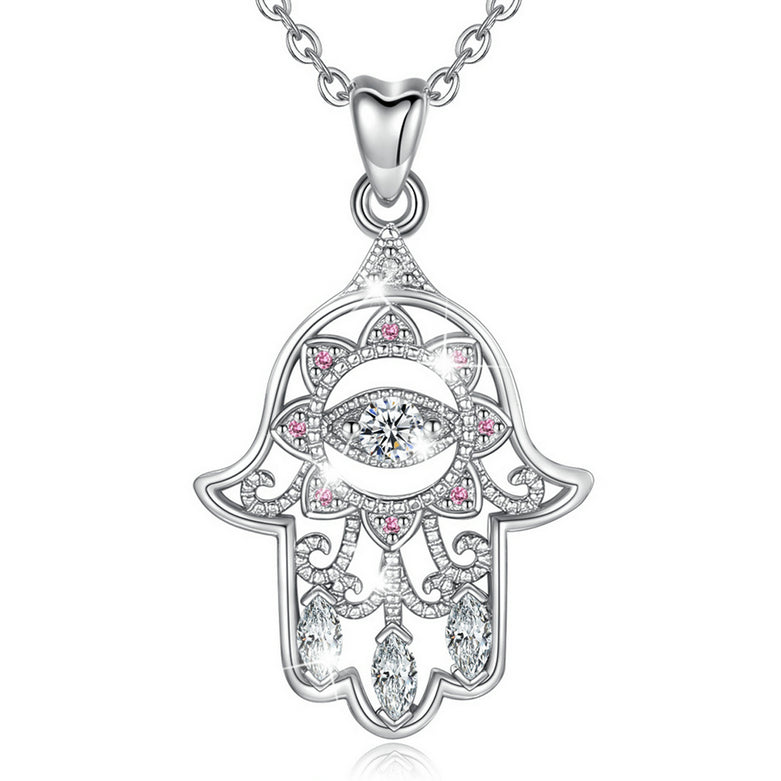 Sterling Silver Hamsa and Evil Eye Necklace with Pink Cubic Zirconia, Rhodium Plated