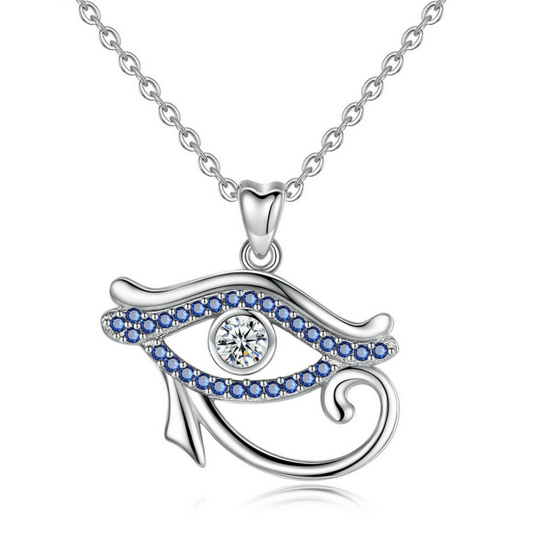 Sterling Silver Evil Eye Necklace with Blue Cubic Zirconia, Rhodium Plated