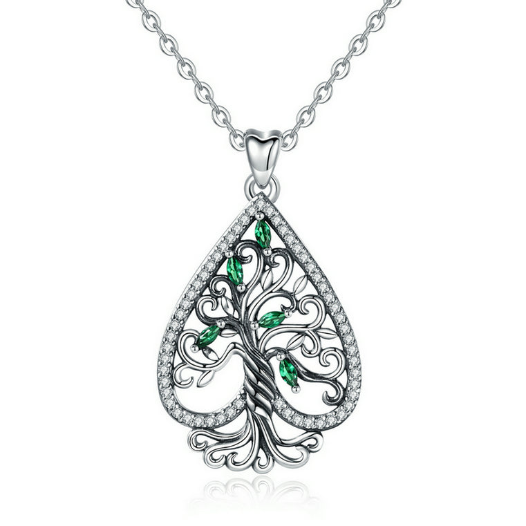 Sterling Silver Heart and Tree Necklace with Green Cubic Zirconia, Rhodium Plated, Tree of Life