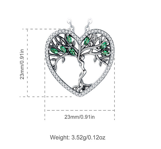 Sterling Silver Heart and Tree Necklace with Green Cubic Zirconia, Rhodium Plated, Tree of Life