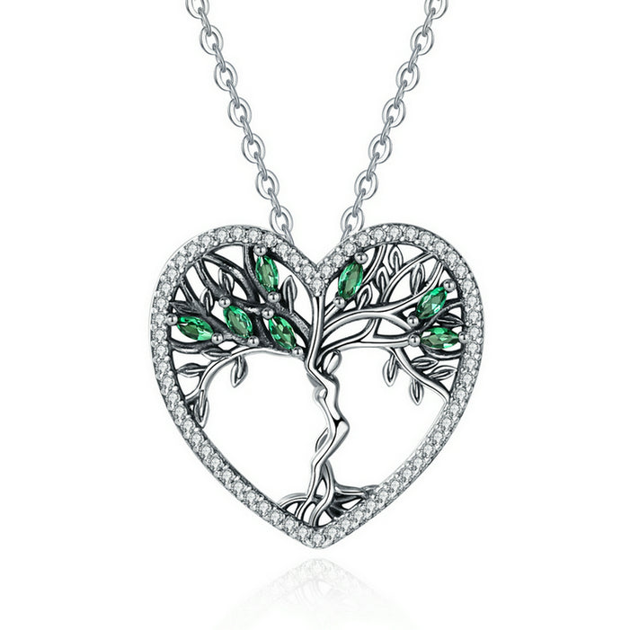 Sterling Silver Heart and Tree Necklace with Green Cubic Zirconia, Rhodium Plated, Tree of Life