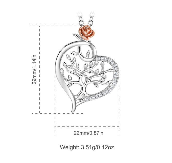 Sterling Silver Heart and Flower Necklace with Cubic Zirconia, Rose Gold and Rhodium Plated, Tree of Life