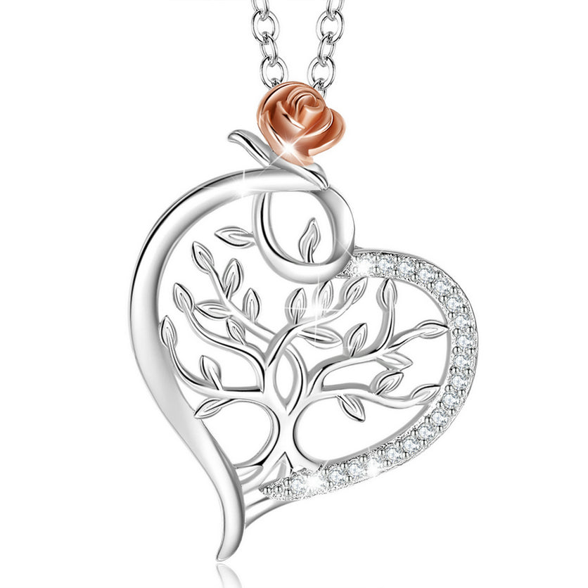 Sterling Silver Heart and Flower Necklace with Cubic Zirconia, Rose Gold and Rhodium Plated, Tree of Life