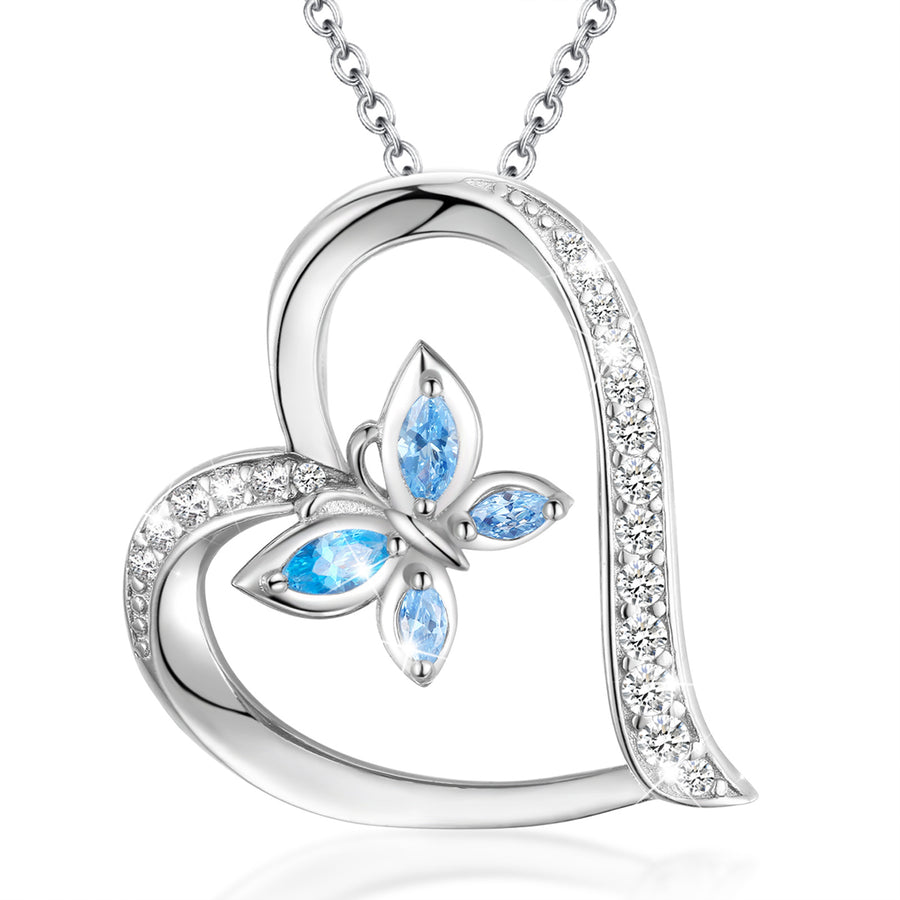 Cubic Zirconia Heart with Butterfly Necklace, Sterling Silver with Rhodium plating