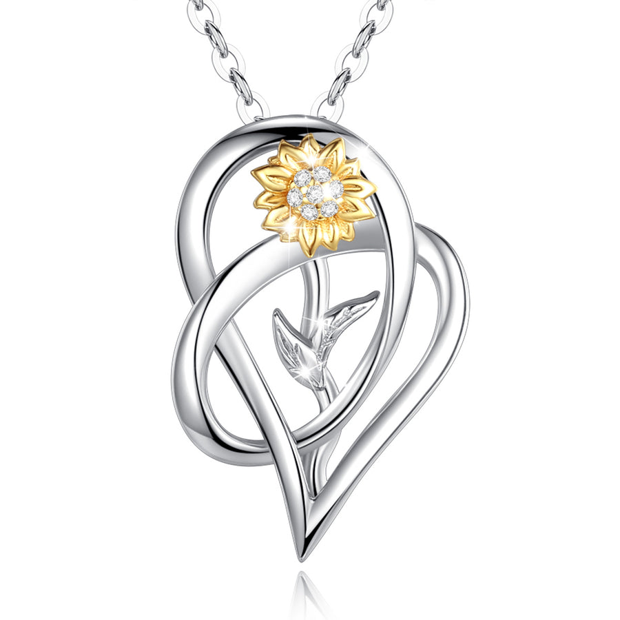 Sterling Silver Heart and Sunflower Necklace with Cubic Zirconia, Gold and Rhodium Plated