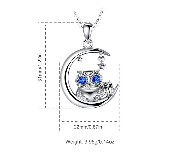 Moon and Owl Necklace in Sterling Silver with Blue Cubic Zirconia, Rhodium Plated, for mum