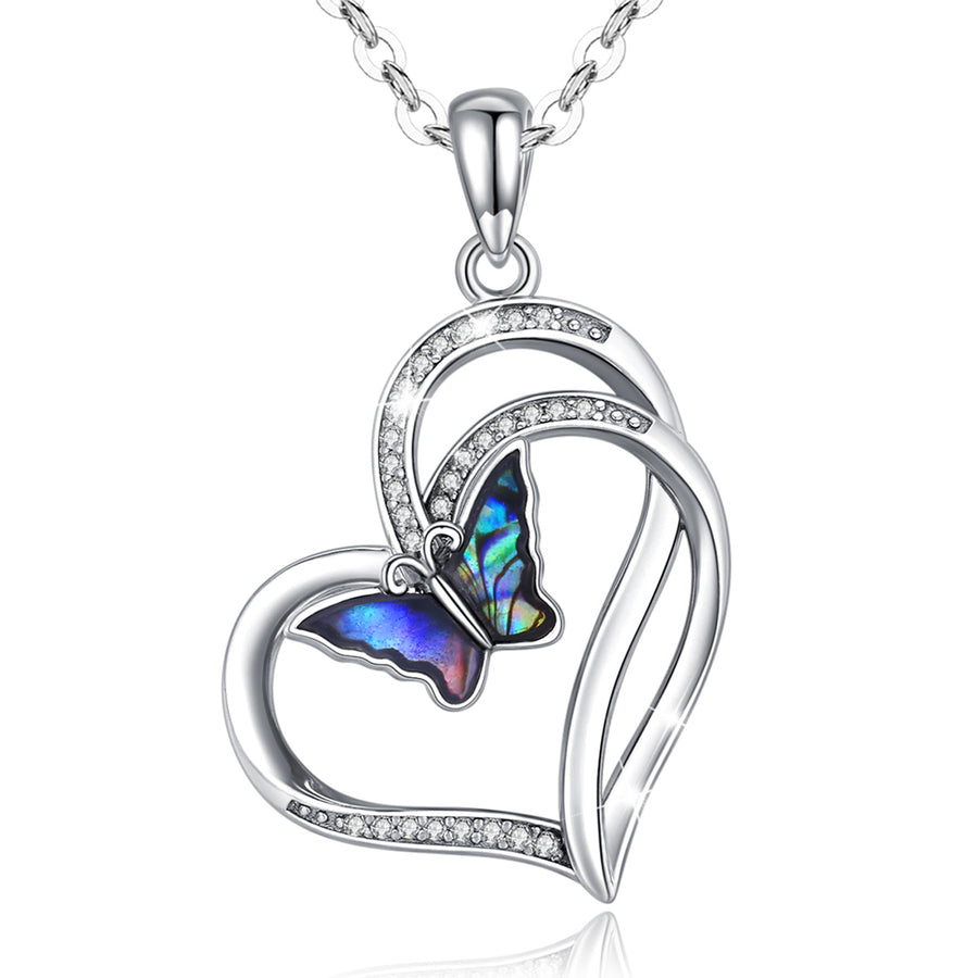 Sterling Silver Heart with Butterfly Necklace, Rhodium Plated