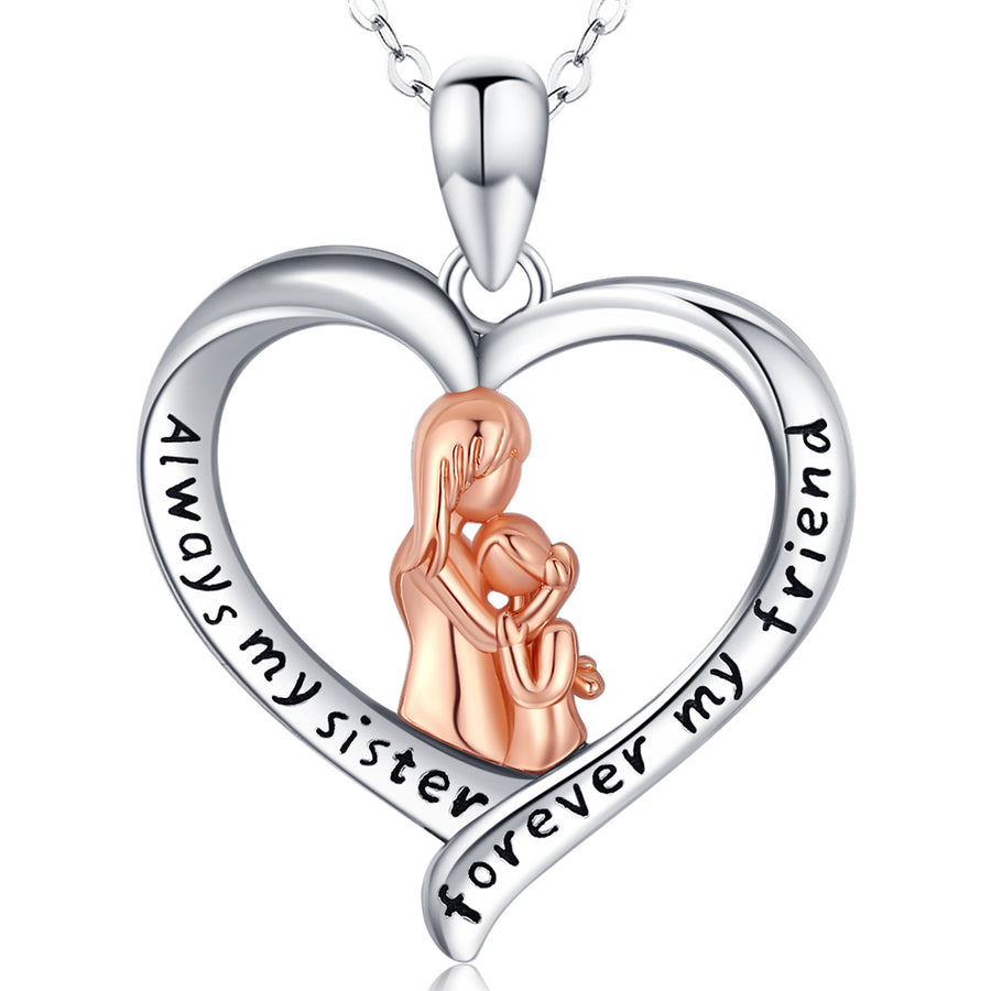 Sterling Silver Heart Necklace, Rose Gold and Rhodium Plated, Friendship