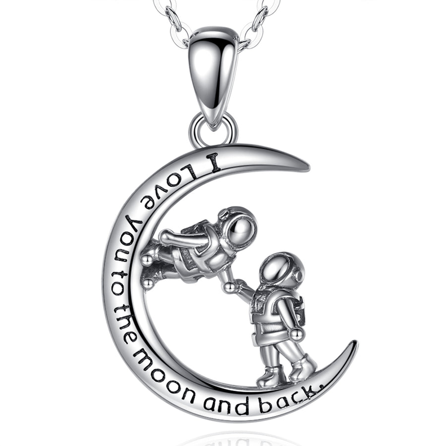 Moon and Astronaut Necklace in Sterling Silver, Rhodium Plated, gift for friend