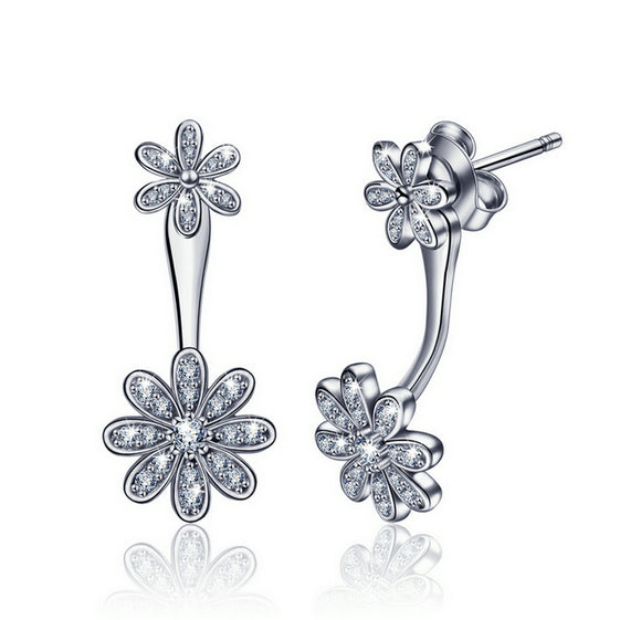 Flower Stud Earring in Rhodium Plated Sterling Silver with Cubic Zirconia