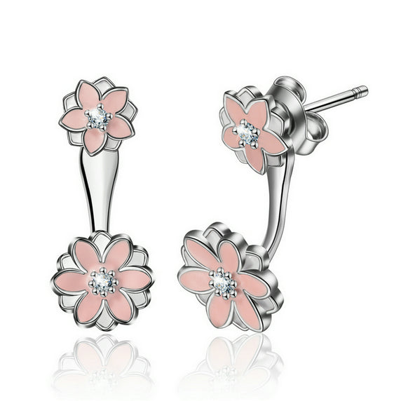 Pink Flower Stud Earring in Rhodium Plated Sterling Silver with Cubic Zirconia