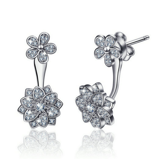 Flower Stud Earring in Rhodium Plated Sterling Silver with Cubic Zirconia