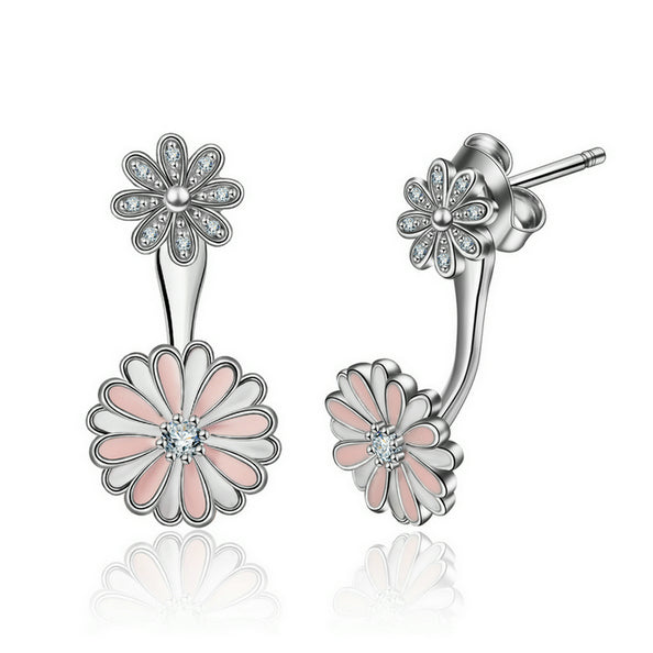 Pink Flower Stud Earring in Rhodium Plated Sterling Silver with Cubic Zirconia