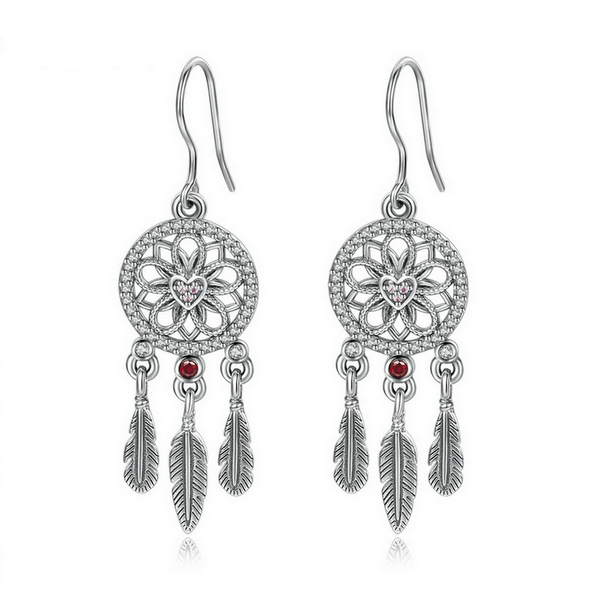 Dream Catcher Earring in Rhodium Plated Sterling Silver with Red Cubic Zirconia