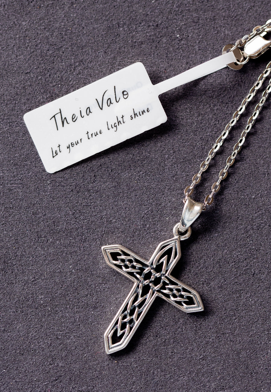 Cross Necklace in Sterling Silver with Vintage Oxidised, Rhodium Plated